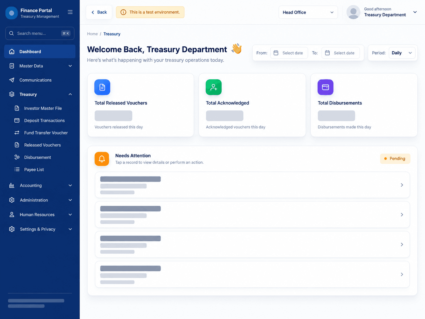 Lending ERP treasury management dashboard showing operational summaries and records requiring attention